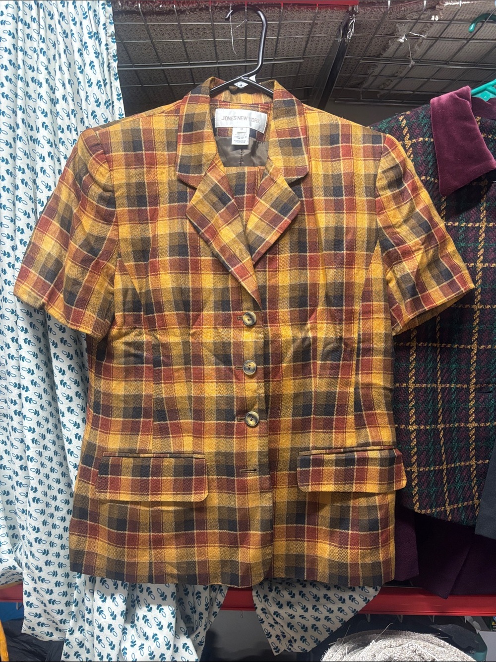 Jones New York Mustard and Brown Plaid Short-Sleeve Blazer